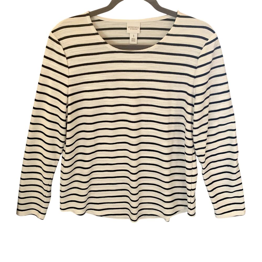 White with Black Stripe Weekends by Chicos Women's Textured Weave Top Size 8/M